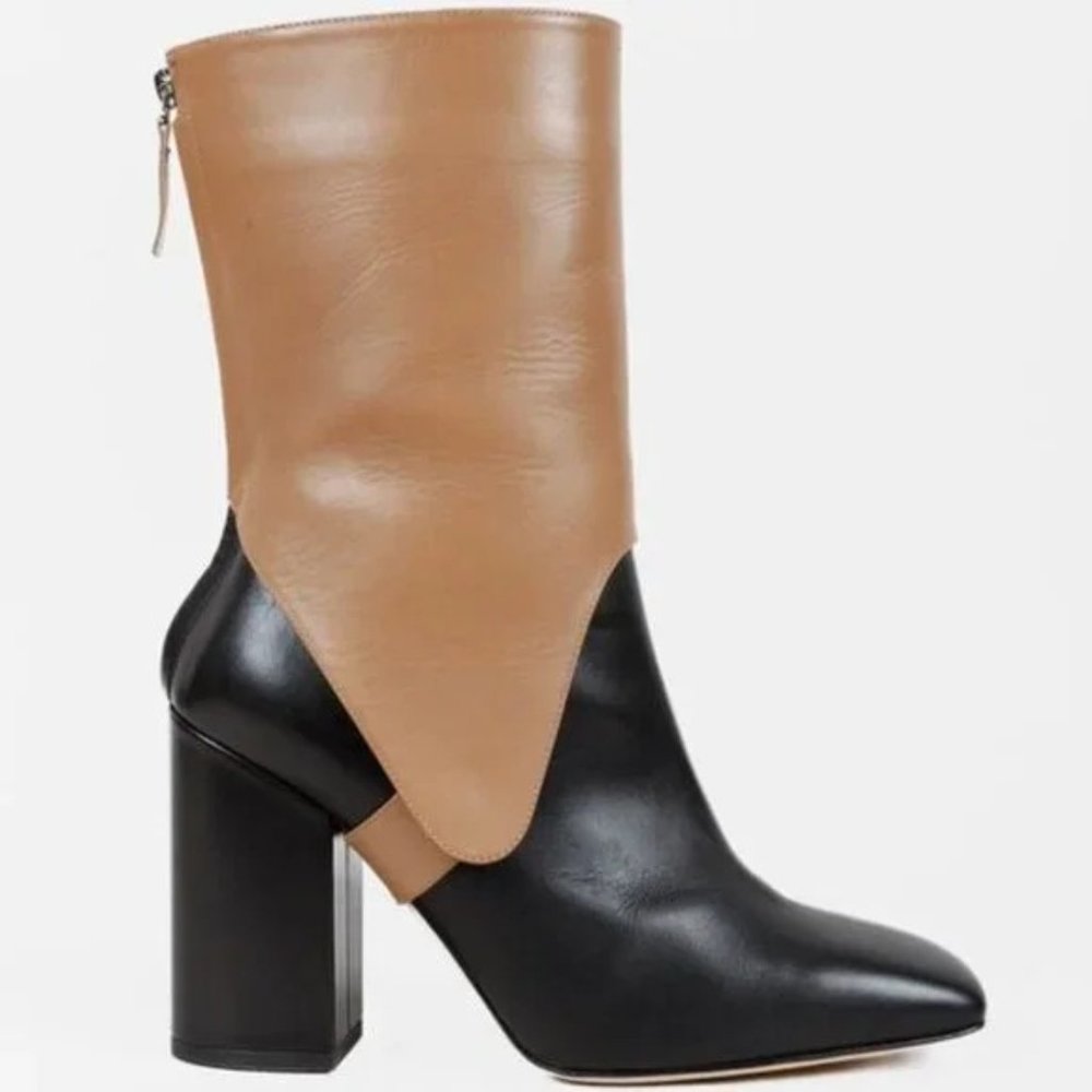 Victoria Beckham Square Toe Black and Brown Leather Saddle Boots